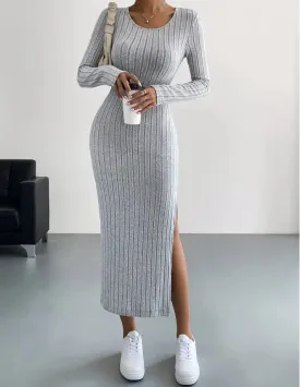 A&A Round Neck Long Sleeve Slit Midaxi Knit set