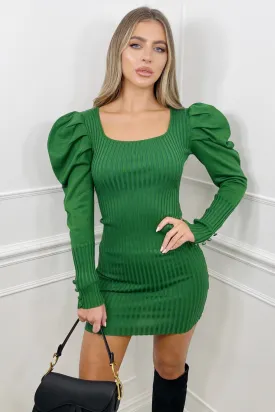 Carley green puff sleeve knitted dress
