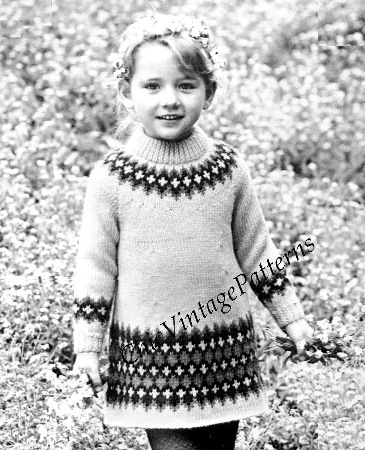 Girl's Knitted Dress Pattern, Fair Isle Trim Dress, Instant Download