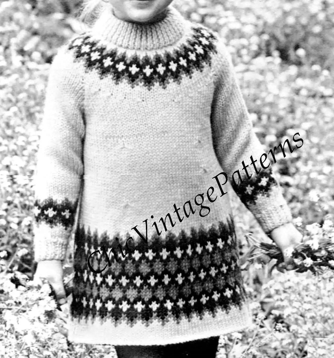 Girl's Knitted Dress Pattern, Fair Isle Trim Dress, Instant Download