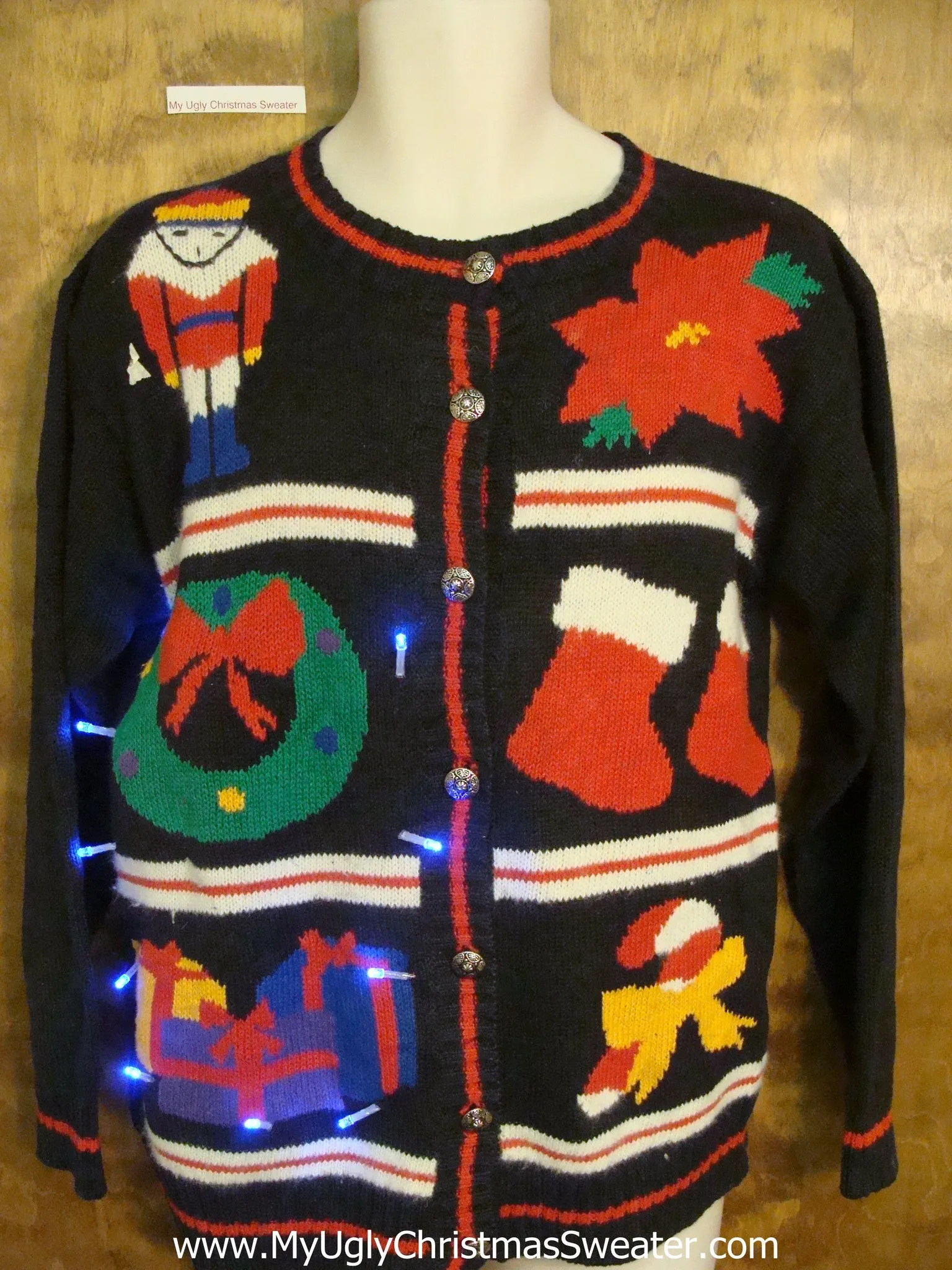 Grid of Six Fun Decorations 80s Light Up Ugly Xmas Sweater