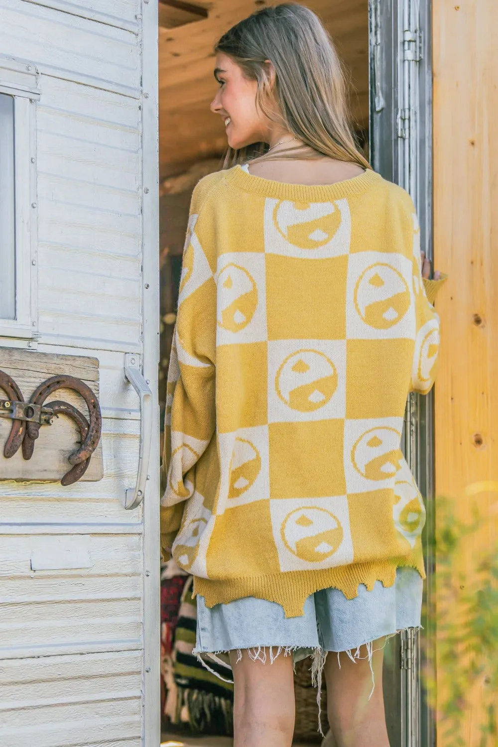 Hot Girl And The Why Checkerboard Yin Yang Sweater In Mustard