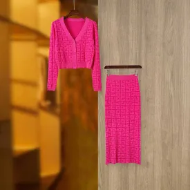 Long Knitted Cardigan Set long-sleeve style with a button-front closure and midi skirt