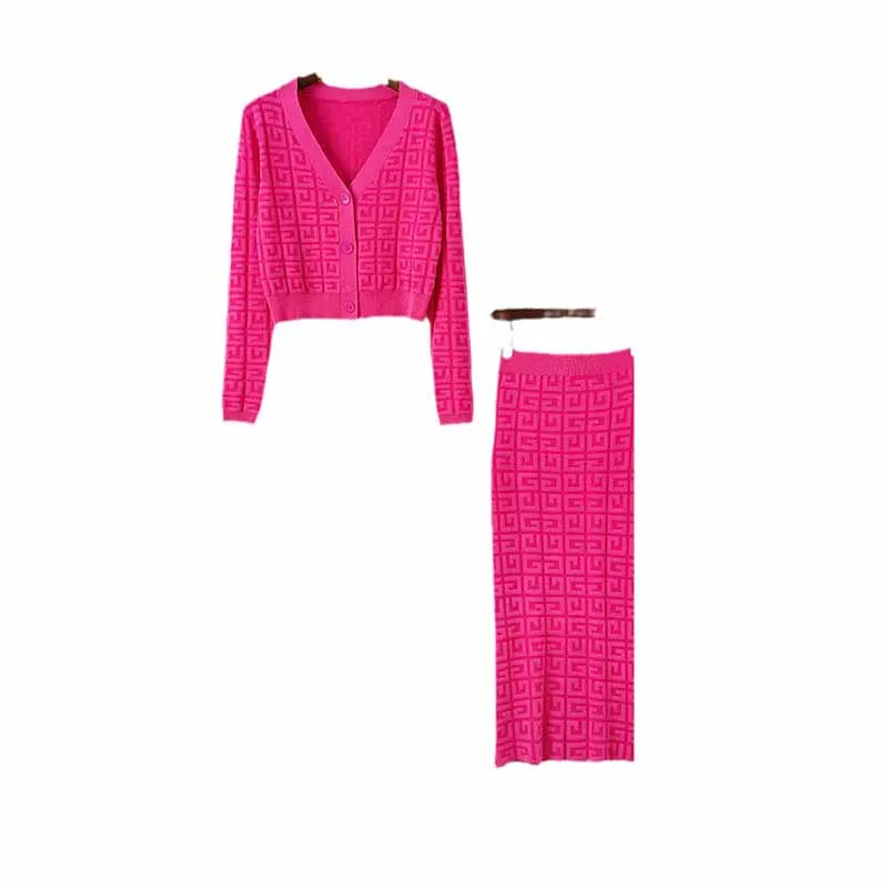 Long Knitted Cardigan Set long-sleeve style with a button-front closure and midi skirt