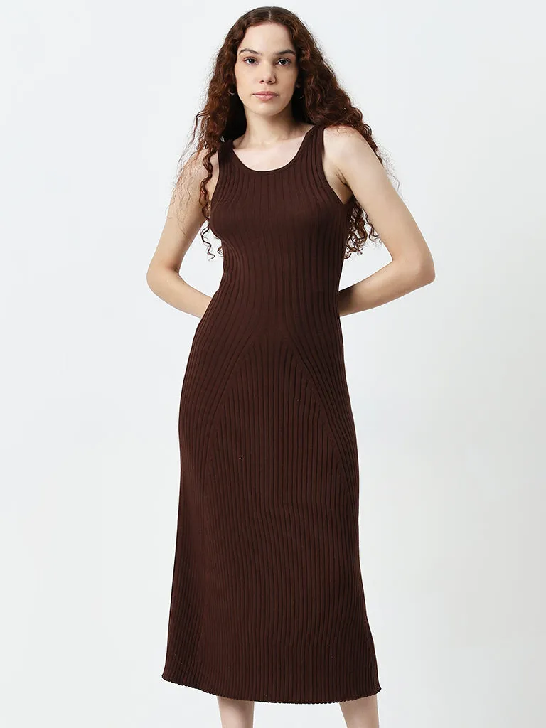 Nuon Dark Brown Ribbed Textured Cotton Straight Dress