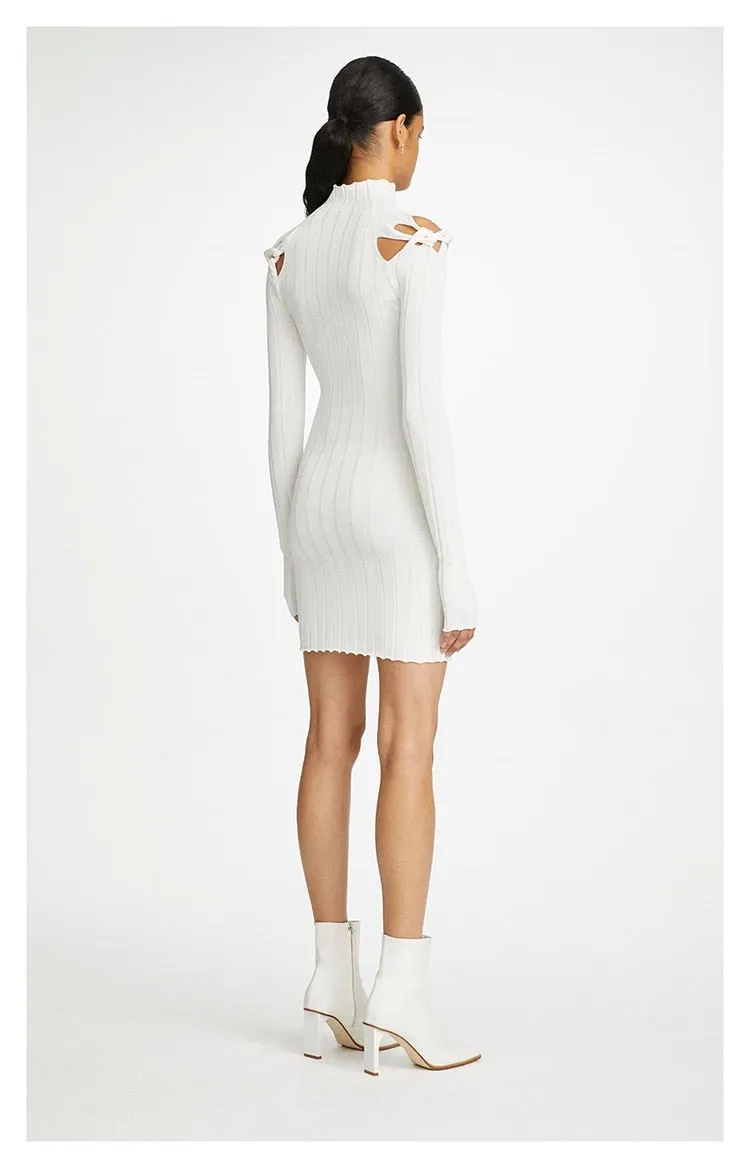Ribbed Braided Turtleneck Mini Dress