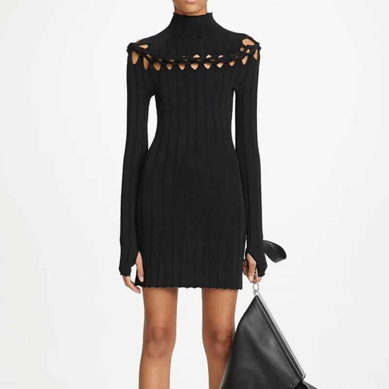 Ribbed Braided Turtleneck Mini Dress