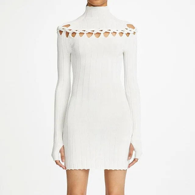 Ribbed Braided Turtleneck Mini Dress