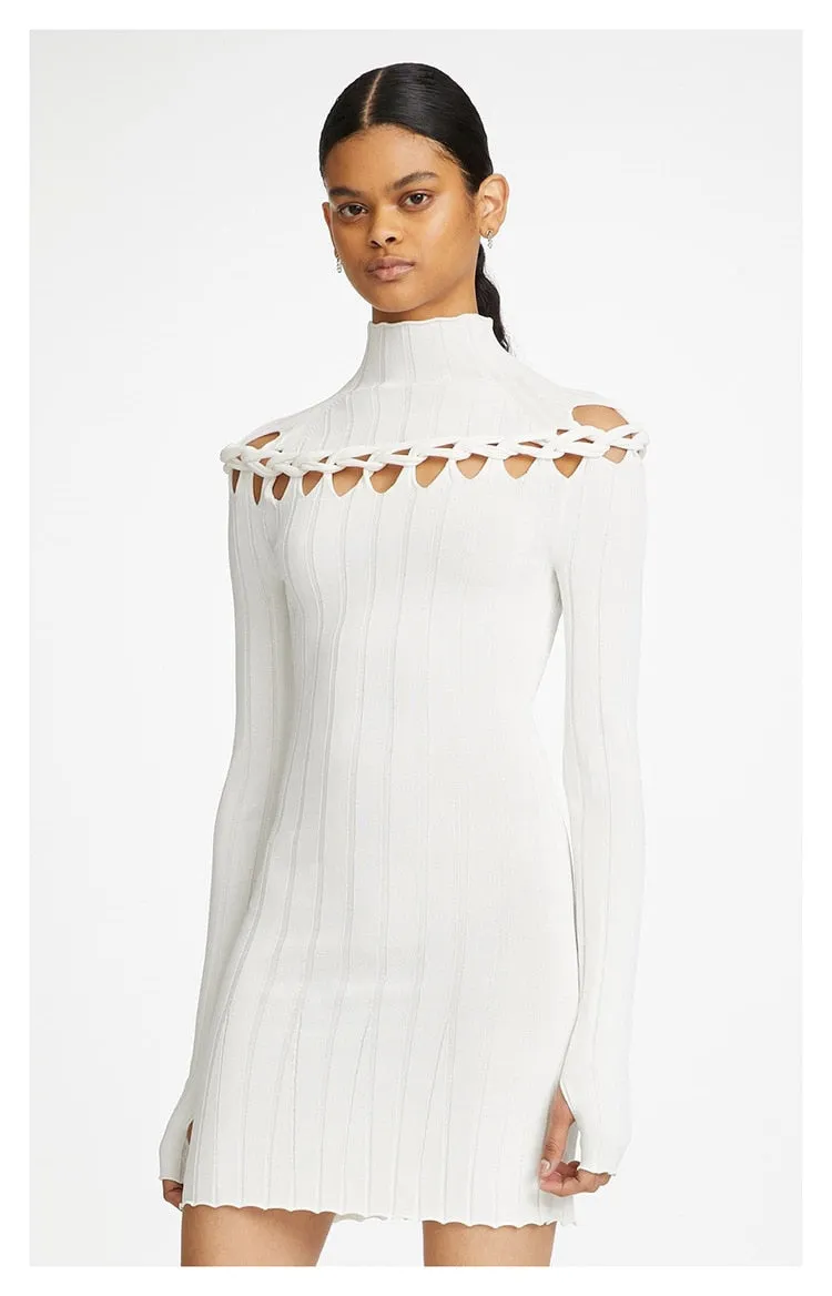Ribbed Braided Turtleneck Mini Dress