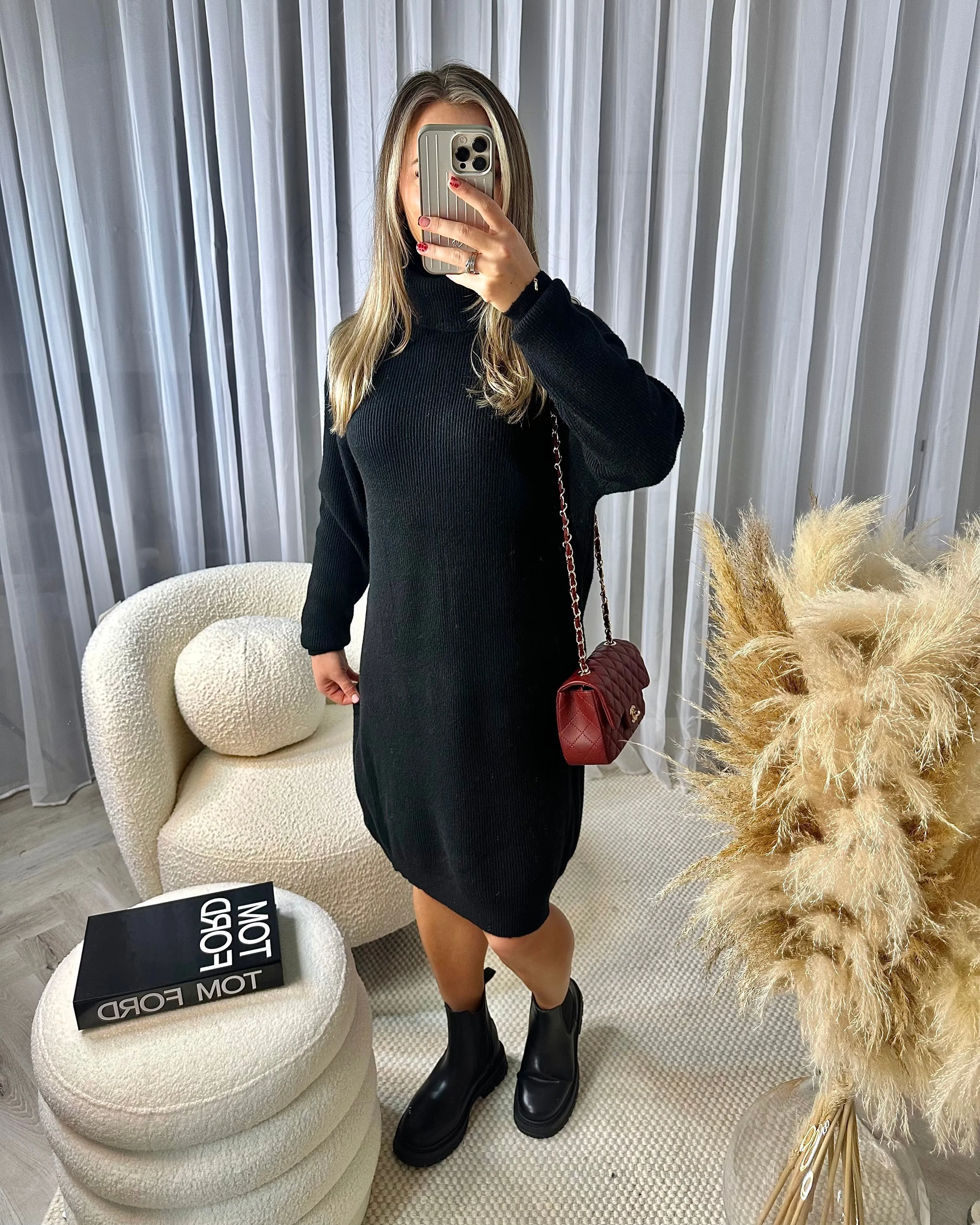 Ryann Ribbed Cowl Neck Knitted Jumper Dress - Black
