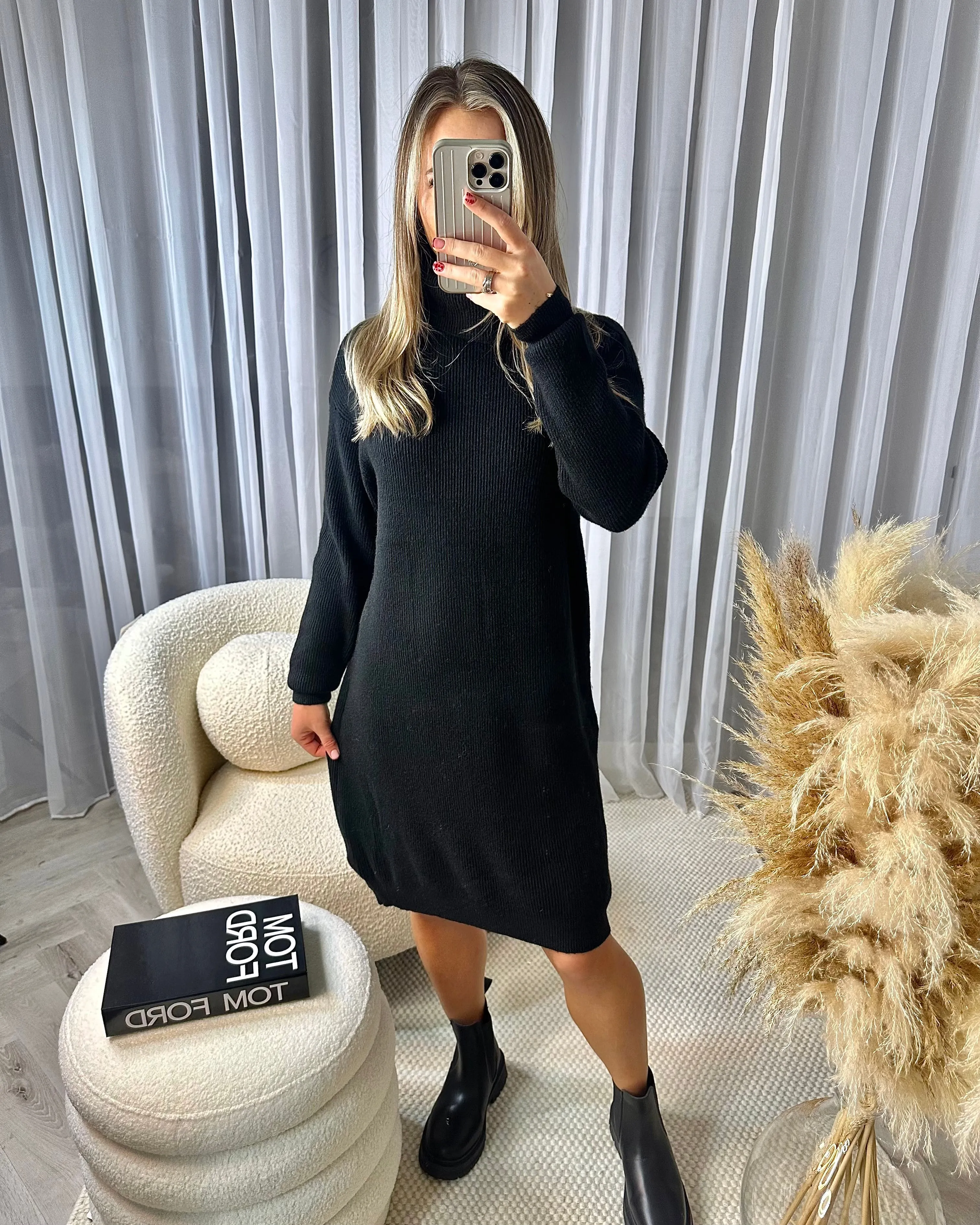 Ryann Ribbed Cowl Neck Knitted Jumper Dress - Black