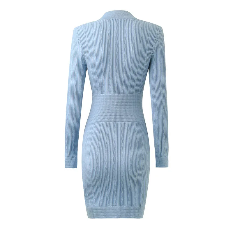 Women Button-up Knitted Minidress V Neck Mini ribbed-knit Dress