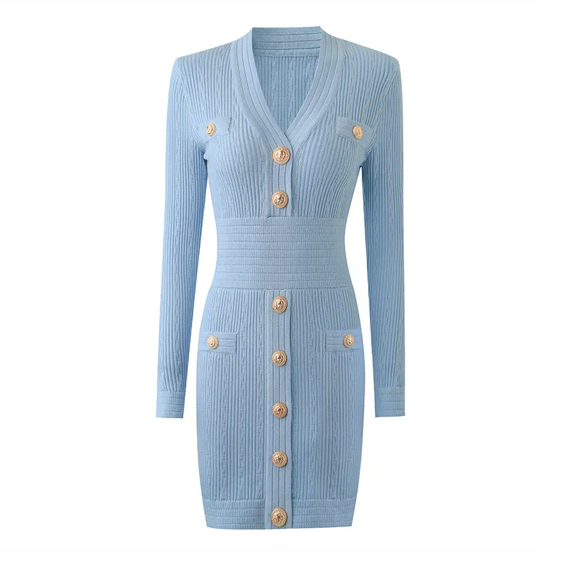 Women Button-up Knitted Minidress V Neck Mini ribbed-knit Dress