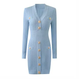 Women Button-up Knitted Minidress V Neck Mini ribbed-knit Dress