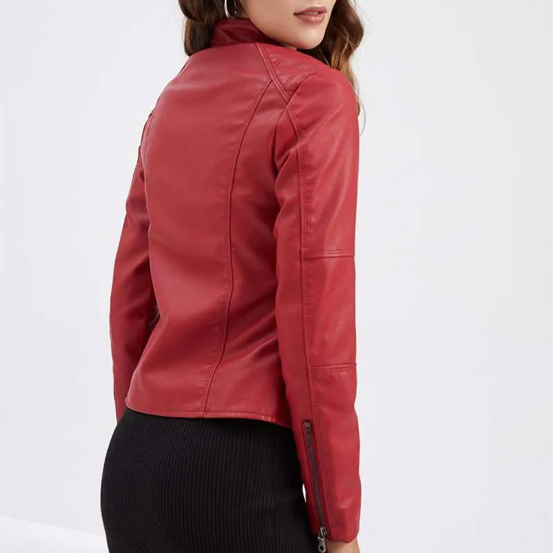 Women motorcycle standing collar long sleeve cropped coat & jacket