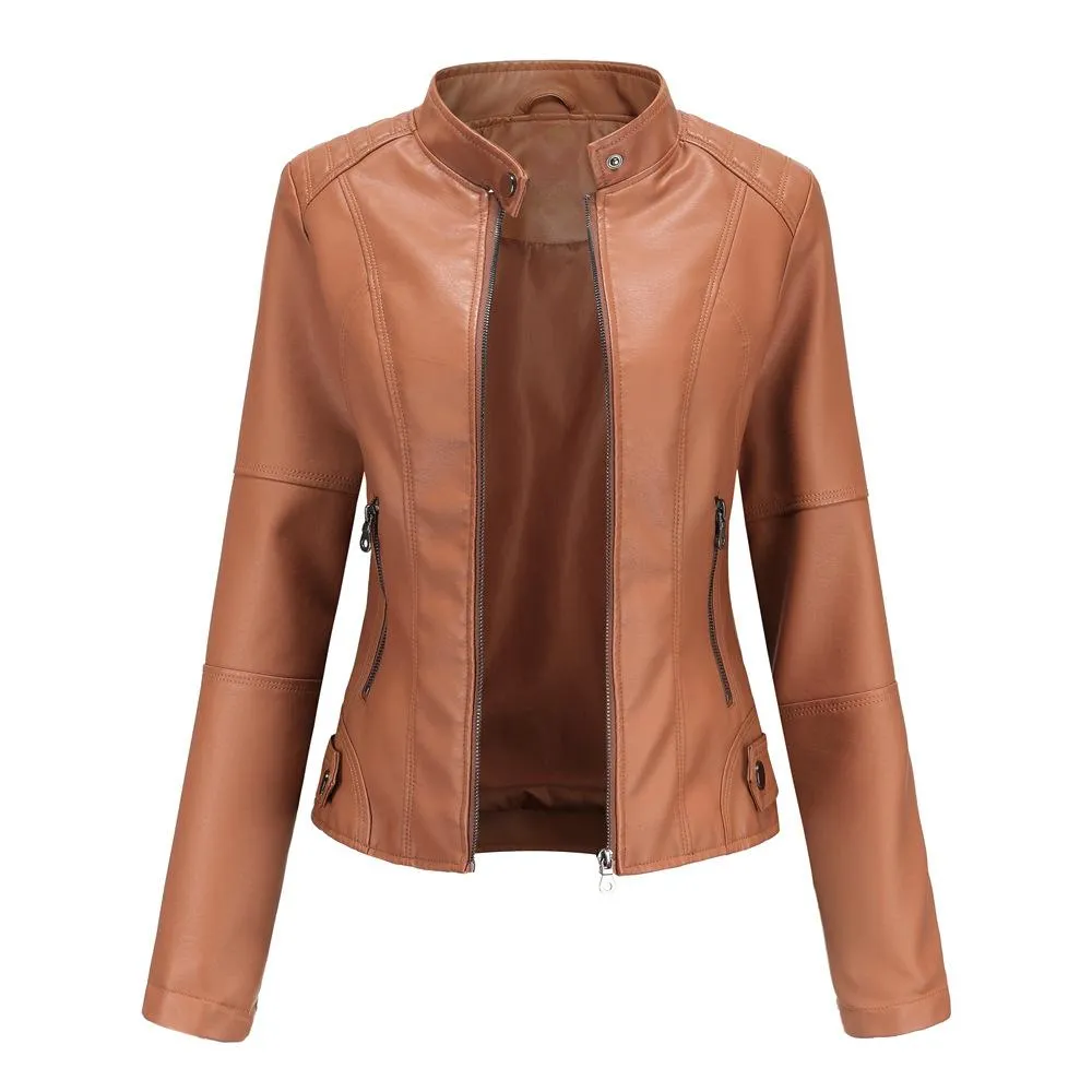 Women motorcycle standing collar long sleeve cropped coat & jacket