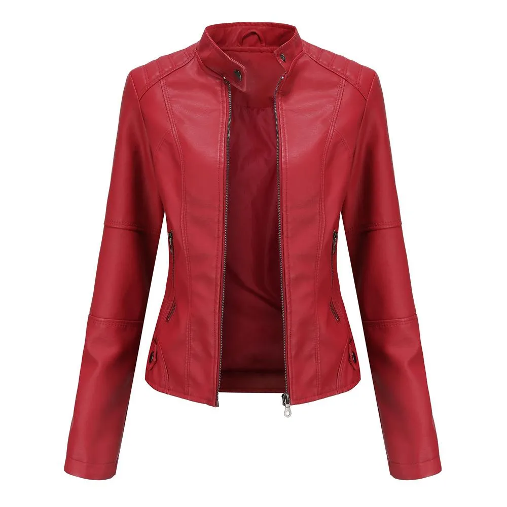 Women motorcycle standing collar long sleeve cropped coat & jacket