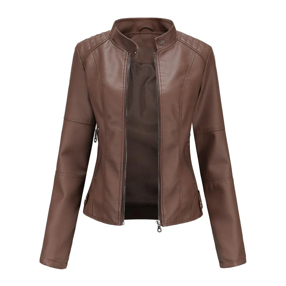 Women motorcycle standing collar long sleeve cropped coat & jacket