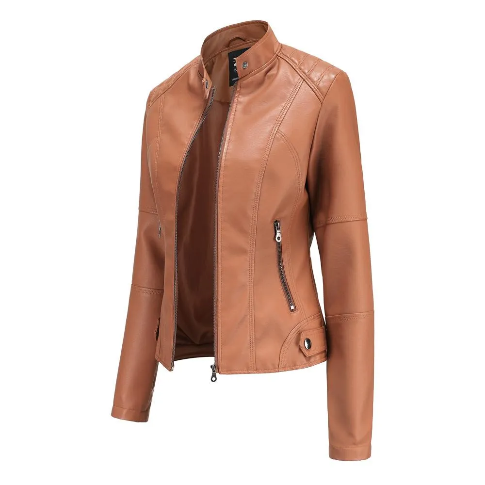 Women motorcycle standing collar long sleeve cropped coat & jacket