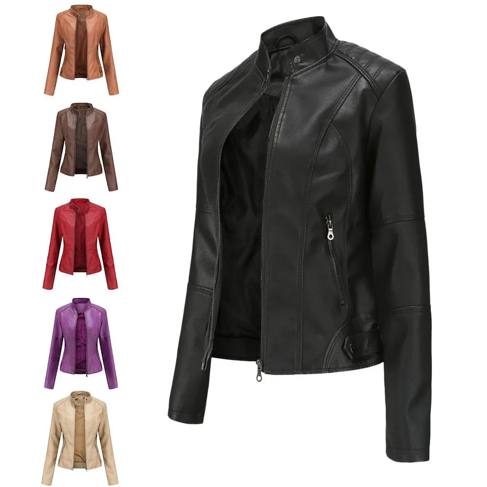 Women motorcycle standing collar long sleeve cropped coat & jacket
