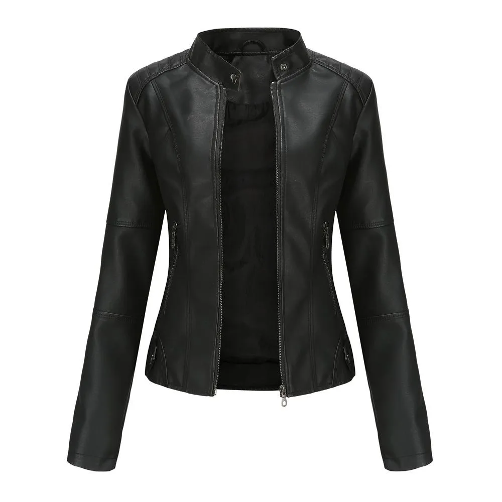 Women motorcycle standing collar long sleeve cropped coat & jacket