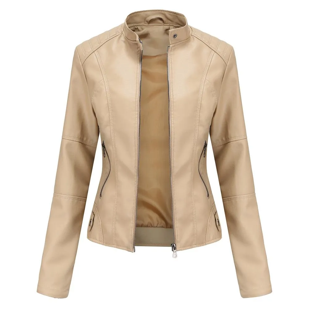 Women motorcycle standing collar long sleeve cropped coat & jacket