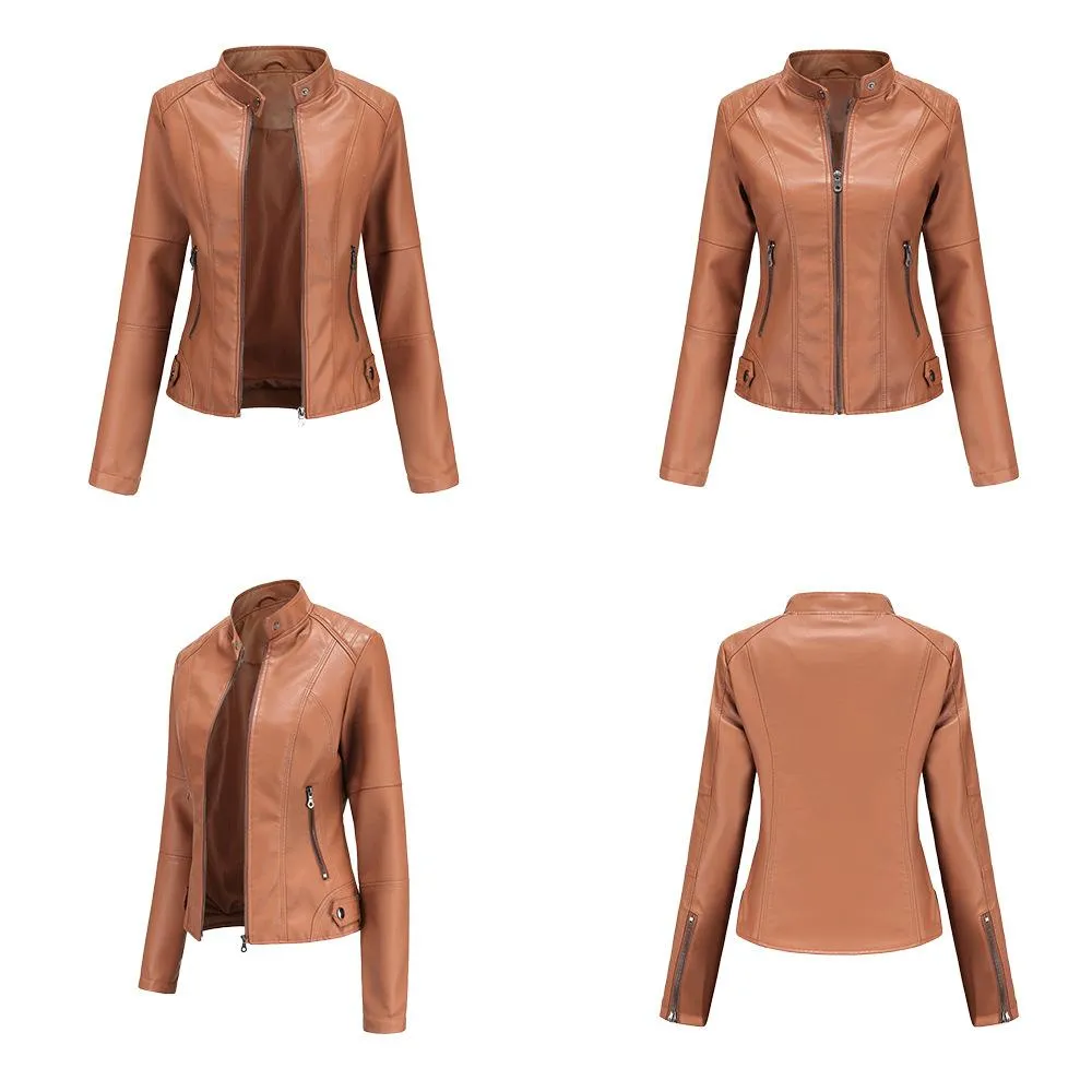 Women motorcycle standing collar long sleeve cropped coat & jacket
