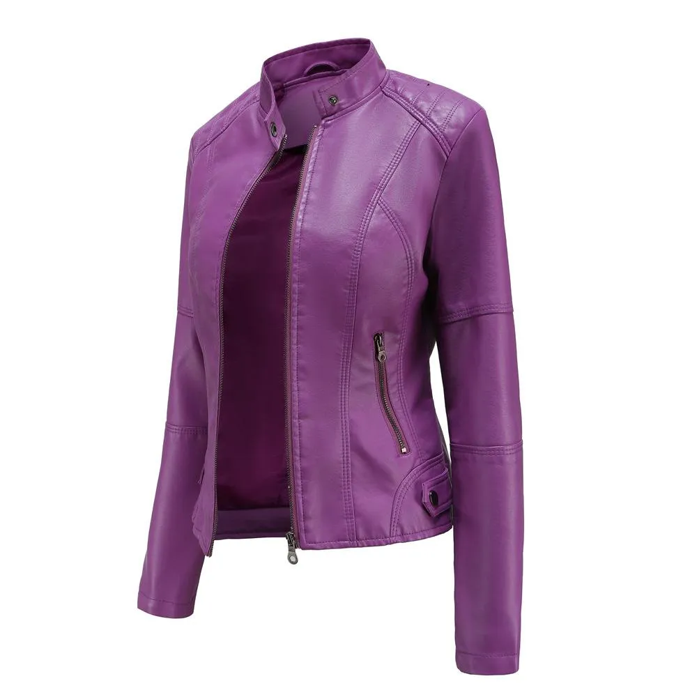 Women motorcycle standing collar long sleeve cropped coat & jacket
