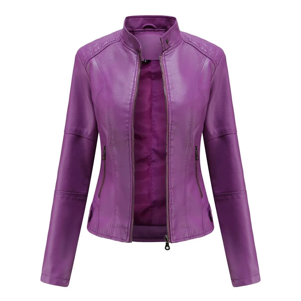 Women motorcycle standing collar long sleeve cropped coat & jacket