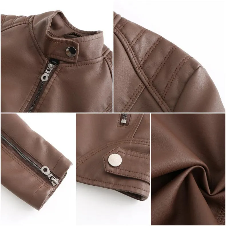 Women motorcycle standing collar long sleeve cropped coat & jacket