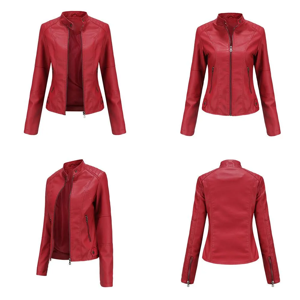 Women motorcycle standing collar long sleeve cropped coat & jacket