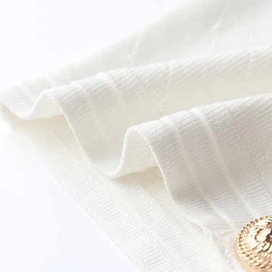 Women White Button-up Knitted Minidress V Neck Long Sleeves ribbed-knit Dress